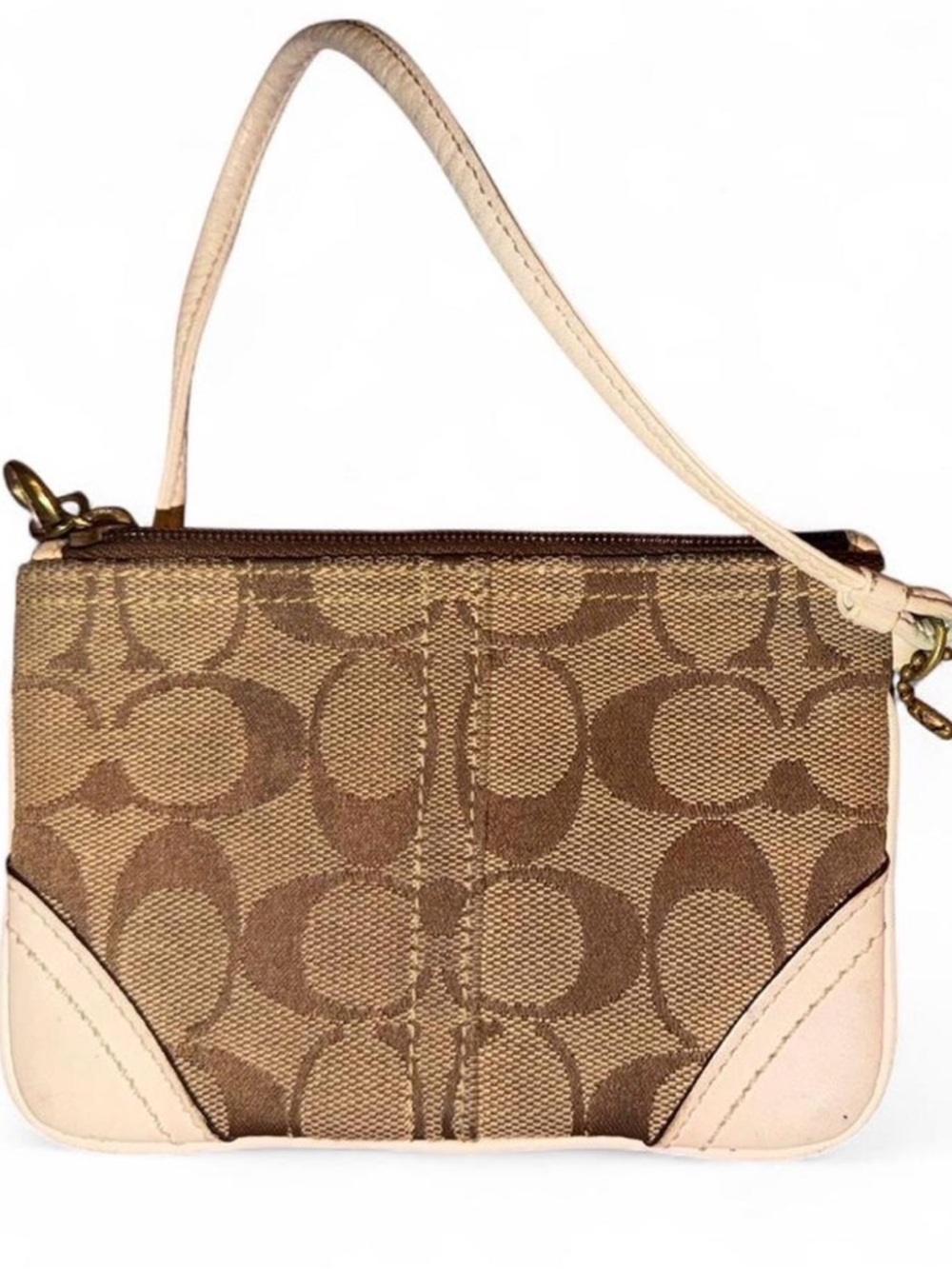 Coach Signature Canvas Mini Wristlet in Brown and Cream
